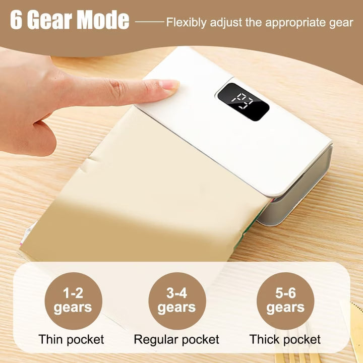 Hand adjusting a pocket scale on a wooden surface with text about gear modes and pocket size options.